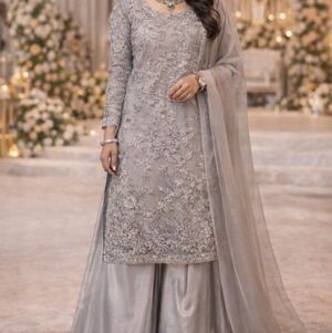 Pakistani Partywear Palazzo Suit with Long Kameez & Dupatta | Silver Grey Net Em